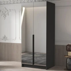 Garnero Arredamenti Armadio 100x215h cm 2 ante 2 specchi moderno nero Glammy 2 Nero Opaco - Nero Hot