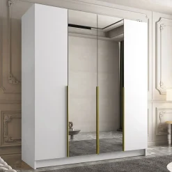 Garnero Arredamenti Armadio 200x215h cm 4 ante 2 specchi moderno bianco oro Glammy 4 Bianco Opaco - Oro Best