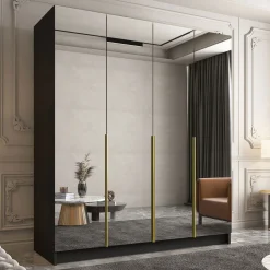 Garnero Arredamenti Armadio 200x215h cm 4 ante 4 specchi moderno nero oro Glammy 4 Nero Opaco - Oro Clearance
