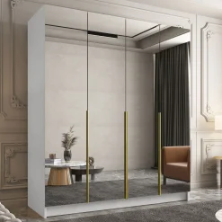 Garnero Arredamenti Armadio 200x215h cm 4 ante 4 specchi moderno bianco oro Glammy 4 Bianco Opaco - Oro