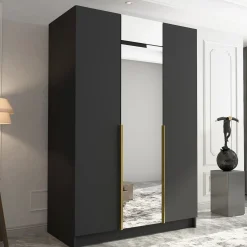 Garnero Arredamenti Armadio 150x215h cm 3 ante 1 specchio moderno nero oro Glammy 3 Nero Opaco - Oro Discount