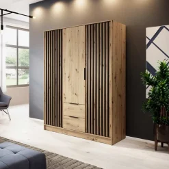 Garnero Arredamenti Armadio 155x200h cm 3 ante con cassetti moderno quercia nero Miller Rovere Rustico Hot