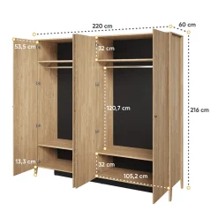 Garnero Arredamenti Armadio 220x216h cm 4 ante con specchio rovere Noor Clearance