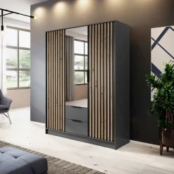 Garnero Arredamenti Armadio 155x200h cm 3 ante con specchio quercia Miller Antracite Best