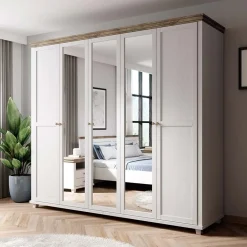 Garnero Arredamenti Armadio 246x216h cm 5 ante con specchio pino bianco quercia Texel Bianco Frassinato New