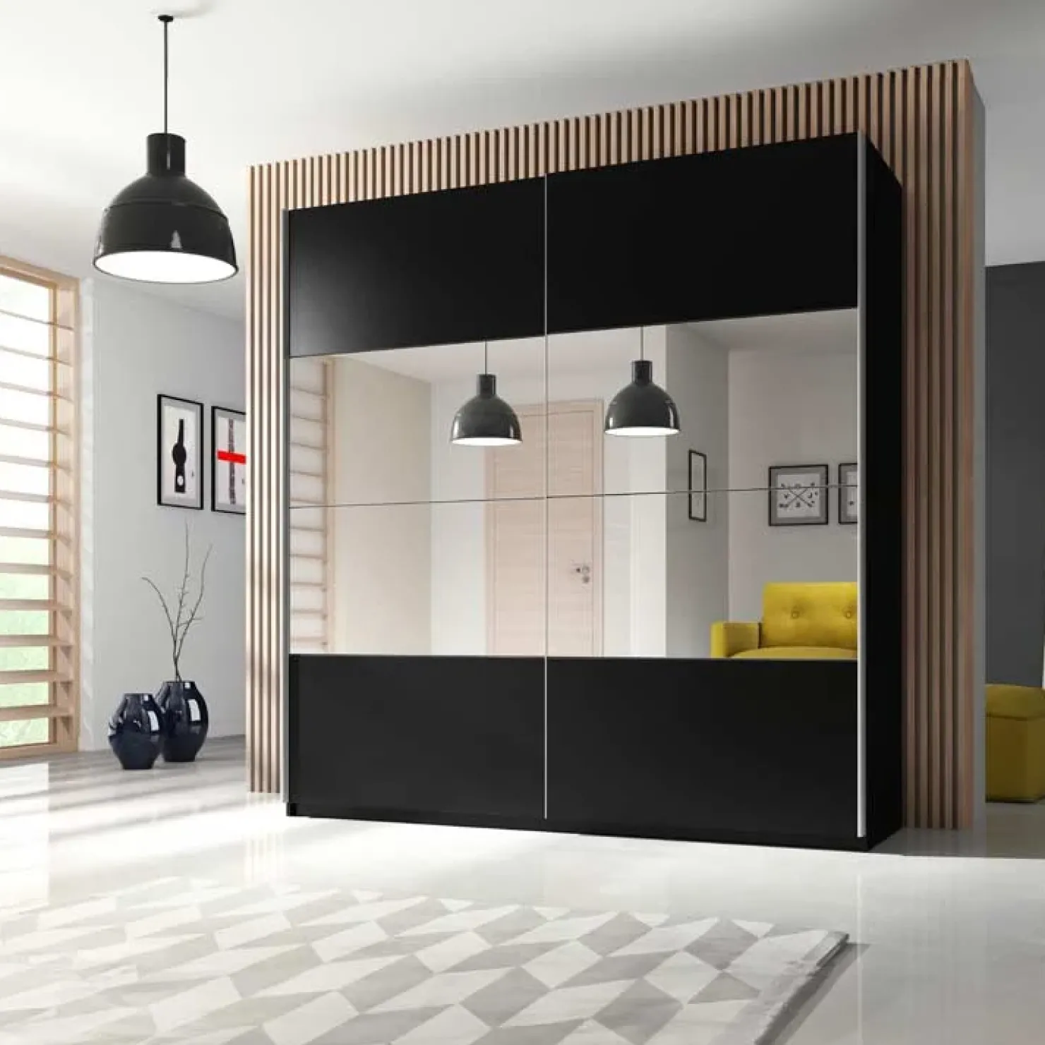 Garnero Arredamenti Armadio 180x210h cm 2 ante scorrevoli con specchio nero Pascal Gihome® Nero Opaco Clearance