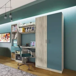 Garnero Arredamenti Armadio 220x180h cm cameretta con scrivania e libreria rovere blu petrolio Alex Gihome® Blu Petrolio - Rovere Best