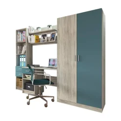 Garnero Arredamenti Armadio 220x180h cm cameretta con scrivania e libreria rovere blu petrolio Alex Gihome® Blu Petrolio - Rovere Best
