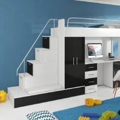 Garnero Arredamenti Cameretta bambini completa 2 letti singoli bianco nero Diego Gihome® Bianco Lucido - Nero Lucido Best