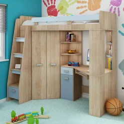 Garnero Arredamenti Cameretta 204x120cm 1 letto singolo completa sinistra rovere blu Dollie Gihome® Rovere - Azzurro Sale