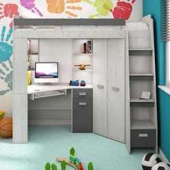 Garnero Arredamenti Cameretta 204x120cm 1 letto singolo completa destra bambini bianco pino grafite Dollie Gihome® Grafite - Bianco Frassinato