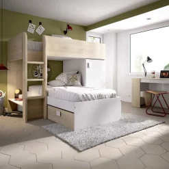 Garnero Arredamenti Cameretta 255x112cm bambini 2 letti reversibile rovere bianco a soppalco Sole Bianco Opaco - Rovere New