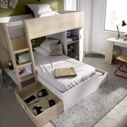 Garnero Arredamenti Cameretta 255x112cm bambini 2 letti reversibile rovere bianco a soppalco Sole Bianco Opaco - Rovere New