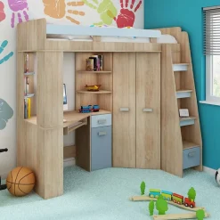 Garnero Arredamenti Cameretta 204x120cm completa destra 1 letto singolo rovere blu Dollie Gihome® Rovere - Azzurro Sale