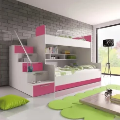 Garnero Arredamenti Cameretta 254x120cm con soppalco 2 letti singoli bianca rosa Enrico Gihome® Bianco Lucido - Rosa Outlet