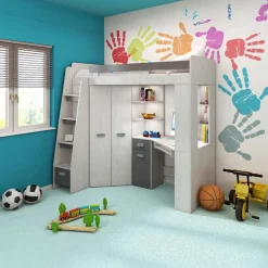 Garnero Arredamenti Cameretta 204x120cm sinistra bambini completa 1 letto singolo bianco pino grafite Dollie Gihome® Grafite - Bianco Frassinato Clearance