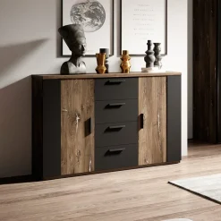 Garnero Arredamenti Comò moderno 132x94h cm con 4 cassetti e 2 ante rovere scuro nero Edric Clearance