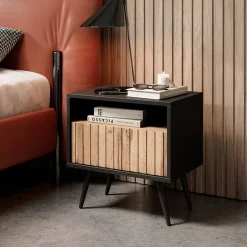 Garnero Arredamenti Comodino 47x48h cm moderno cannettato rovere nero Celestia Rovere Rustico - Nero opaco Outlet