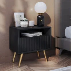 Garnero Arredamenti Comodino 47x48h cm moderno cannettato nero Celestia Nero Opaco New