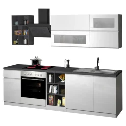 Garnero Arredamenti Cucina 255cm componibile lineare moderna bianco grigio pietra Gourmet Prestige Bianco Lucido - Grigio pietra Discount