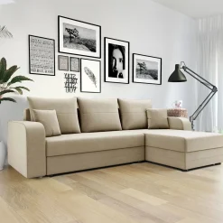 Garnero Arredamenti Divano angolare letto 237x139cm 3 posti matrimoniale angolare beige Flow Tessuto Vellutato Manila Beige New