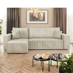 Garnero Arredamenti Divano letto angolare 3 posti 244x145cm con box contenitore velluto a coste beige Ploffy Outlet