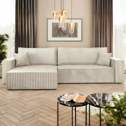 Garnero Arredamenti Divano letto angolare 4 posti 272x145cm con box contenitore velluto a coste beige Ploffy Discount