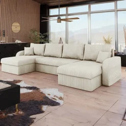 Garnero Arredamenti Divano letto angolare velluto a coste beige 304x140cm con contenitore Assunta Velluto Poso Beige New