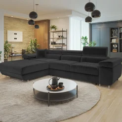 Garnero Arredamenti Divano letto con angolo a sinistra 4 posti 280x170cm box contenitore velluto nero Elvio Tessuto Vellutato Manila Nero Best