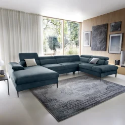 Garnero Arredamenti Divano letto regolabile angolare destro 5 posti 353x214cm tessuto azzurro Calmora Tessuto Vellutato Vogue Azzurro Clearance