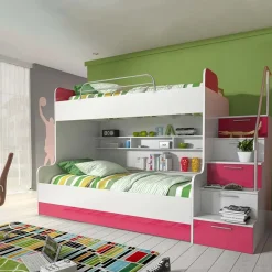 Garnero Arredamenti Letto a castello per bambini 254x120cm bianco rosa Enrico Gihome® Bianco Lucido - Rosa Clearance