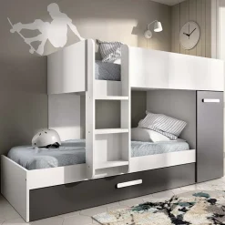 Garnero Arredamenti Letto a castello 90x190 con armadio 244x126cm bianco grafite 3 letti Damian Bianco Opaco - Grafite Best