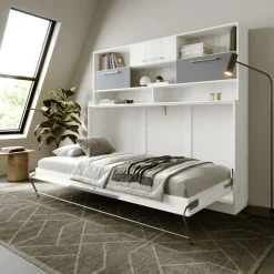Garnero Arredamenti Letto a scomparsa orizzontale 90x200cm singolo con libreria bianco pino grigio grafite Alvin Gihome® Bianco Frassinato - Grafite Discount