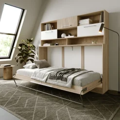 Garnero Arredamenti Letto a scomparsa orizzontale 90x200cm singolo con libreria rovere bianco Alvin Gihome® Rovere - Bianco opaco Clearance