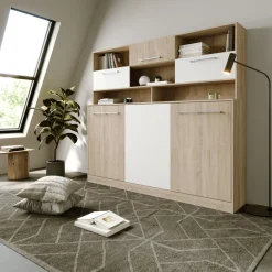 Garnero Arredamenti Letto a scomparsa orizzontale 90x200cm singolo con libreria rovere bianco Alvin Gihome® Rovere - Bianco opaco Clearance