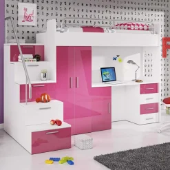 Garnero Arredamenti Letto a soppalco con armadio 254x120cm bianco rosa Simone Gihome® Bianco Lucido - Rosa Clearance