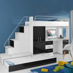 Garnero Arredamenti Letto a soppalco con armadio 324x180cm bianco nero 2  letti Diego Gihome® Bianco Lucido - Nero Lucido Hot