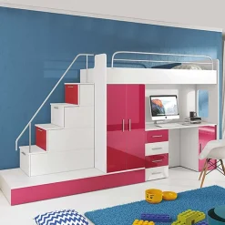 Garnero Arredamenti Letto a soppalco con armadio 324x180cm bianco rosa 2  letti Diego Gihome® Bianco Lucido - Rosa Clearance