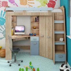 Garnero Arredamenti Letto a soppalco 204x120cm destra rovere blu Dollie Gihome® Rovere - Azzurro Clearance