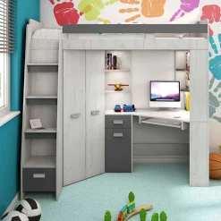 Garnero Arredamenti Letto a soppalco 204x120cm sinistra bianco pino grafite Dollie Gihome® Grafite - Bianco Frassinato Online