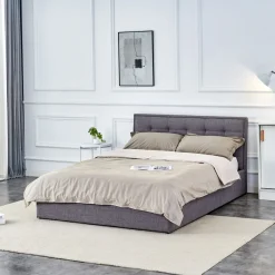 Garnero Arredamenti Letto alla francese 140x200cm con contenitore imbottito in tessuto grigio Foser Gihome® Clearance