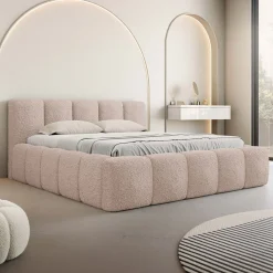 Garnero Arredamenti Letto alla francese 140x200cm con rete contenitore imbottito tessuto bouclé rosa Aluna Tessuto Abriamo Rosa