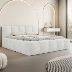 Garnero Arredamenti Letto alla francese 140x200cm con rete contenitore imbottito tessuto bouclé bianco Aluna Tessuto Abriamo Bianco New