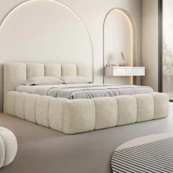 Garnero Arredamenti Letto alla francese 140x200cm con rete contenitore imbottito tessuto bouclé beige Aluna Tessuto Abriamo Beige New