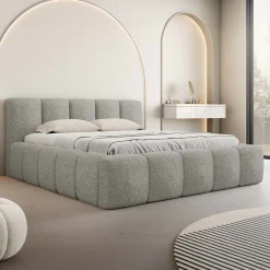 Garnero Arredamenti Letto alla francese 140x200cm con rete contenitore imbottito tessuto bouclé grigio Aluna Tessuto Abriamo Grigio Clearance