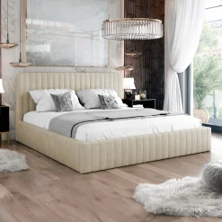 Garnero Arredamenti Letto contenitore matrimoniale 160x200 imbottito velluto beige Poffi Tessuto Vellutato Lucido Beige Clearance