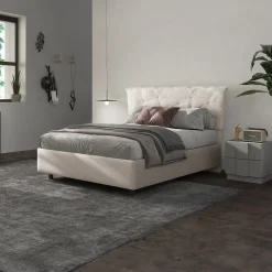 Garnero Arredamenti Letto contenitore matrimoniale 160x195cm imbottito tessuto bianco sabbia DreamSpace Tessuto Woven Bianco New