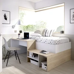 Garnero Arredamenti Letto singolo 90x190cm con cassetti e scrivania bianco rovere Adrian Discount