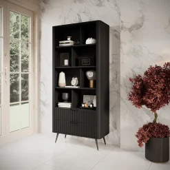 Garnero Arredamenti Libreria 88x194h cm 2 cassetti 8 vani a giorno cannettato Ramis Nero Opaco Discount