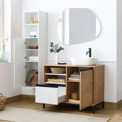 Garnero Arredamenti Mobile bagno a terra 100cm con lavabo e colonna 3 ante 1 cassetto bianco rovere Jasmund Bianco Opaco - Rovere Clearance